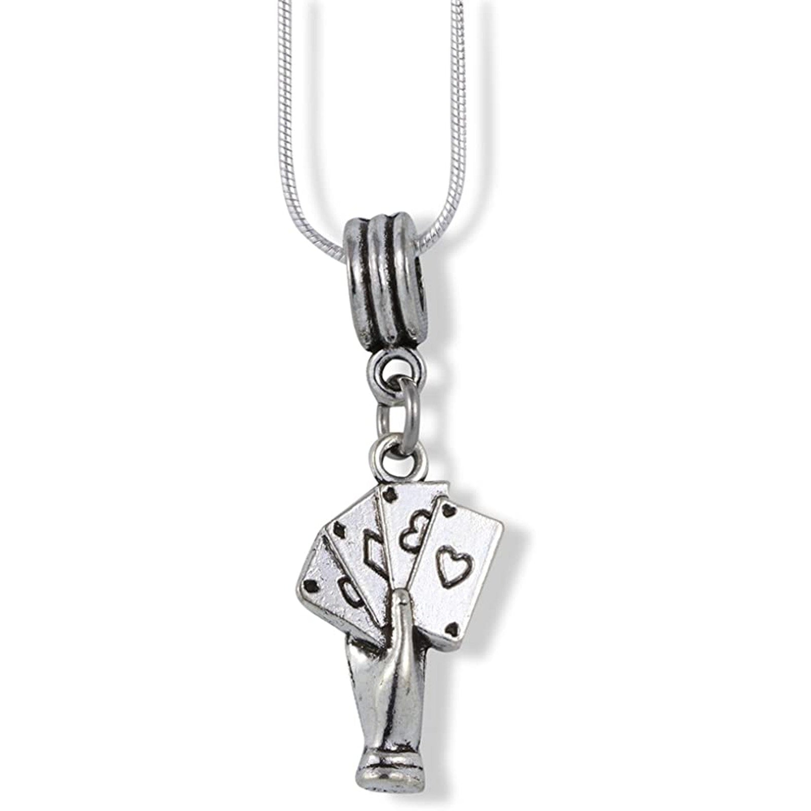 Hand with 4 Four Playing Cards Charm Snake Chain Necklace